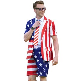 Mainfini Men's Fourth of July 3-Piece Suit Patriotism 1776 National Day Patriotic Uncle Sam Costume Independence Day USA Flag Button Blazers Shorts and Tie 3 Piece Set Cosplay Apparel XXL