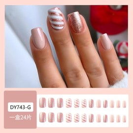 Christmas Press on Nails Short Square Fake Nails with Rose Gold Glitter Design Stripes Glue on Nails Nude Stick on Nails Glossy Reusable Winter Xmas False Nails for Women Girls Holiday Manicure 24pcs
