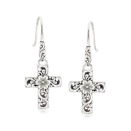 Ross-Simons Sterling Silver Bali-Style Floral Cross Drop Earrings