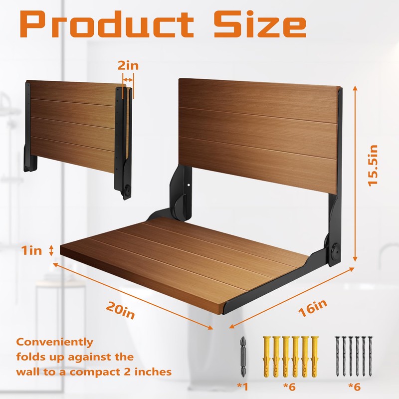 Folding Shower Seat 20'', Large Teak Shower Seat, Folding Shower