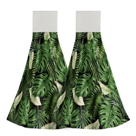 Giwawa Tropical Palm Leaf Kitchen Hand Towel, Hawaiian Green Monstera Leaves Hanging Loop Hook Towel Set of 2, Absorbent Dish Tea Bar Tie Towel Washcloth for Bathroom Laundry Room Decor
