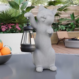 mikilov Cat Resin Statue with Solar Lantern (Hand Statue Decoration, Lawn Statue, Garden Home Decor, Sculpture Ornament, Animal Figure for Balcony Garden