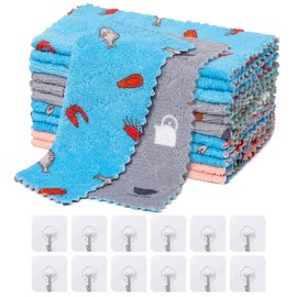 LORSFOZ A Pack of 12 dishcloths (Comes with 12 self - Adhesive Hooks), Super - Absorbent and Soft Coral Fleece Cleaning Cloths, Reusable, Dirt - Resistant and Quick - Drying Rags. (A)