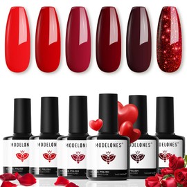 modelones Gel Nail Polish Kit -6 Colors Red Gel Polish Set Valentine's Day Burgundy Glitter Sparkle Bloody Soak Off Gel Nail Kit Manicure DIY Nail Art Salon Home Gift