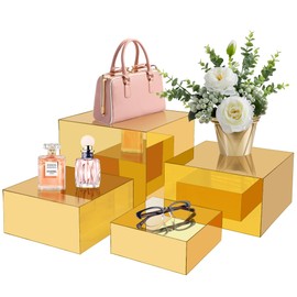 4Pcs Acrylic Risers Display Stands, Food Risers for Buffet Table, Table Risers for Display, Acrylic Riser for Display, Acrylic Cube Mirror Risers for Catering Dessert, Jewelry Collectibles Party (Gold)