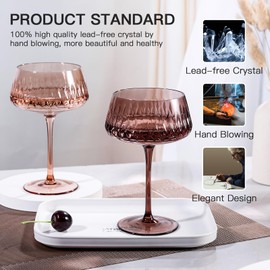 JOVGANK Amber Martini Glasses Set of 6, Hand Blown Colorful Cocktail Glass 14Oz, Vintage Champagne Coupe Glasses, Large Brown Coupe Glass, Crystal Retro Style Bar Drinking Glasses, Mother's Day Gift