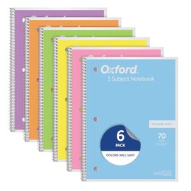 Oxford Cuaderno de espiral, 1 materia, papel rayado universitario, 8 x 10-1/2 pulgadas, rosa pastel, naranja, amarillo, verde, azul y morado, 70 hojas