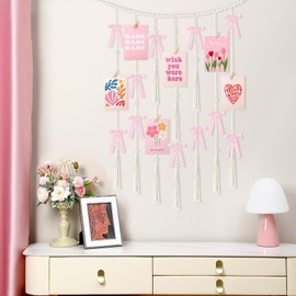 Fulmoon Pink Bow Hanging Photo Display Wall Decor with Lights Clips Boho Pearl Garland Photo String Collage Pink Bow Picture Frame for Room Bedroom Graduation Wedding Christmas Coquette Party Decor