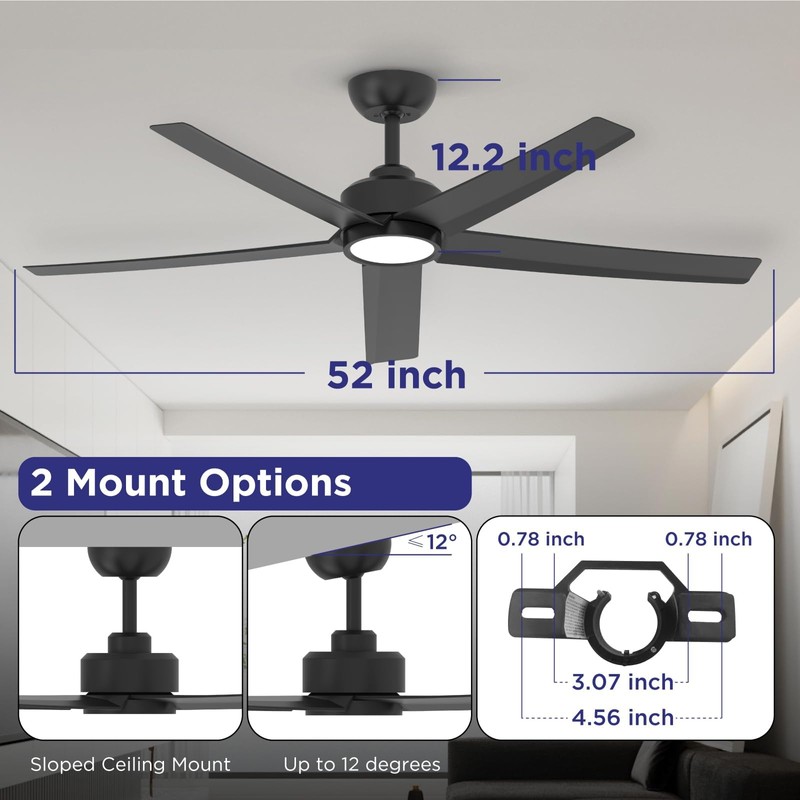 ocioc Ceiling Fans with Lights, 52 inch Black Ceiling Fan