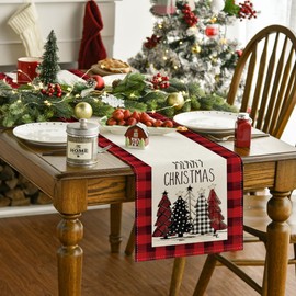 Artoid Mode Watercolor Red and Black Buffalo Plaid Christmas Trees Merry Xmas Table Runner, Seasonal Winter Holiday Kitchen Dining Table Decoration for Indoor Outdoor Home Party Decor 13 x 72 Inch