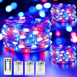 4th of July Decoration Lights, 3 Pack Red White and Blue Fairy Lights Battery Operated with Timer & Remote, Waterproof Patriotic Light Indoor Outdoor 8 Modes for Independence Day Memorial Day Decor