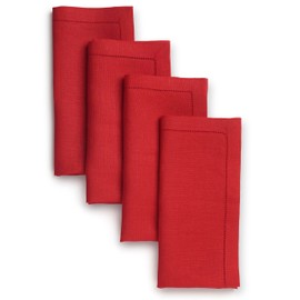 D'Moksha Homes Linen Dinner Napkins 20 x 20 Inch - 100% Pure Linen Bright Red Napkins Set of 4 - Classic Hemstitch - Washable Bright Red Cloth Napkins for Fall, Christmas Decor
