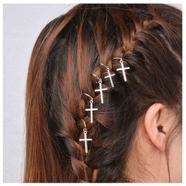 Allereyae Vintage Cross Hair Braid Rings Silver Dreadlocks Cross Braid Hair Rings Clips Tiny Cross Pendant Hair Cuff Decoration Clip Dreadlock Hair Accessories for Women and Girls 5Pcs (Silver Cross)