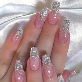 Thick forest Uñas Postizas Francesas Con Brillo, Estilo Bailarina, De Longitud Media, Cobertura Total, Acrílicas, Color Rosa, Reutilizables, Kit De Manicura Para Mujer (24 Unidades)