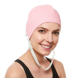 Latex Swim Cap - Women Stylish Swimming Cap Great for Ladies, Perfect to Keep Hair Dry - Suitable for Long Hair - Bubble Crepe with Chin Strap - Light Pink