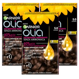 Garnier Olia Permanent Hair Colour without Ammonia, Colouring with Flower Oils of Natural Origin with Brightening and Nourishing Effect, Colour 5.0 Brown - 3 Packs