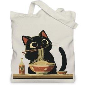 Blackcat Ramen Style Tote Bag for Women, Cat Lover Gifts for Women, Retro Japan Travel Bags for Her, with Inner Pocket.