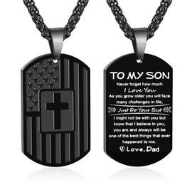 Zocomi To My Son Gifts from Dad Father Dog Tag Cross Necklace America Flag Pendant Chain Jewelry Valentine’s Day Birthday Graduation Presents Christmas Gifts for Boys Ages Black