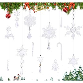 ilauke Pack of 26 Christmas Acrylic Icicle Snowflake Ice Drop Pendant with 20 m Jewellery Thread, Snowflakes Christmas Decoration Transparent Christmas Tree Decoration Christmas Pendant for Hanging
