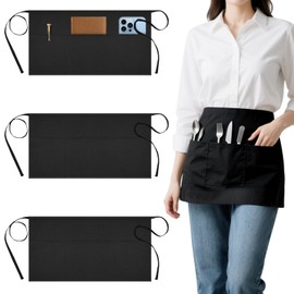 Tedux 3 Pack Black Server Apron with 3 Large Pockets, 24 x 12 In Waitress and Waiters Half Apron for Restaurant Cafes Bars