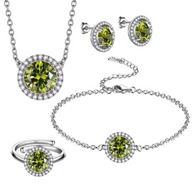beautlace August Birthstone Necklaces/Stud Earrings/Rings/Bracelets Set Silver Plated Round Shape Jewelry Sets Green Birthstone Jewelry Birthday Gifts for Men and Women KS0019A