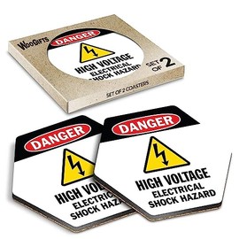 2 x Hexagon Coasters - Danger High Voltage Signs Cork Backed MDF Glossy Tea Coffee Accessory #57296