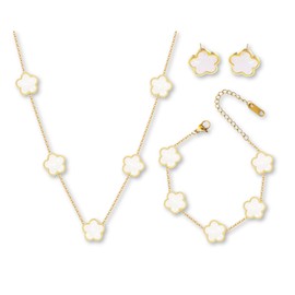 PRIMATORIA Five Leaf Clover Jewelry Set for Women 18K Gold Plated Bracelet Necklace Earrings 5 Leaf Lucky Choker and Ear Studs for Mother and Daughter (White Gold Set)