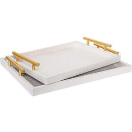 JUMBO HUMBLE Modern Elegant Large Wood Serving Tray, Set of 2 Pearl White Crocodile Leather with Gold Polished Metal Handles, Home Decorative Rectangle Ottoman Platter Living Room Bathroom Vanity Tray