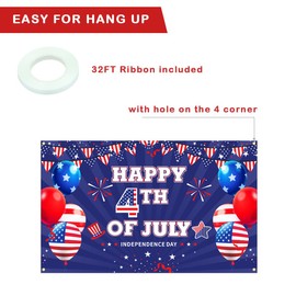 ANFEST Happy 4TH of July Backdrop, Independence Day Party Banner, Fourth of July Memorial Day Decoration, Veterans Day Party Decor, with 32FT Rope, Red Blue White Props for Photos 5.9x3.6ft Large Flag