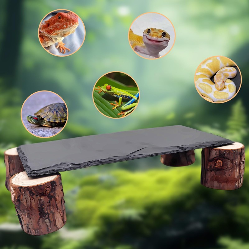 Bearded Dragon Basking Platform, Slate Rocks for Reptiles with Wooden