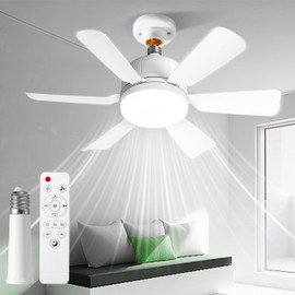 17.9'' Socket Six Blade Ceiling Fan Light with Remote and 1 Socket Extender, E26 Based Easy Install for Indoor -Bedroom, Kitchen,Office and Living Room, 3 Color Stepless Dimming (White)