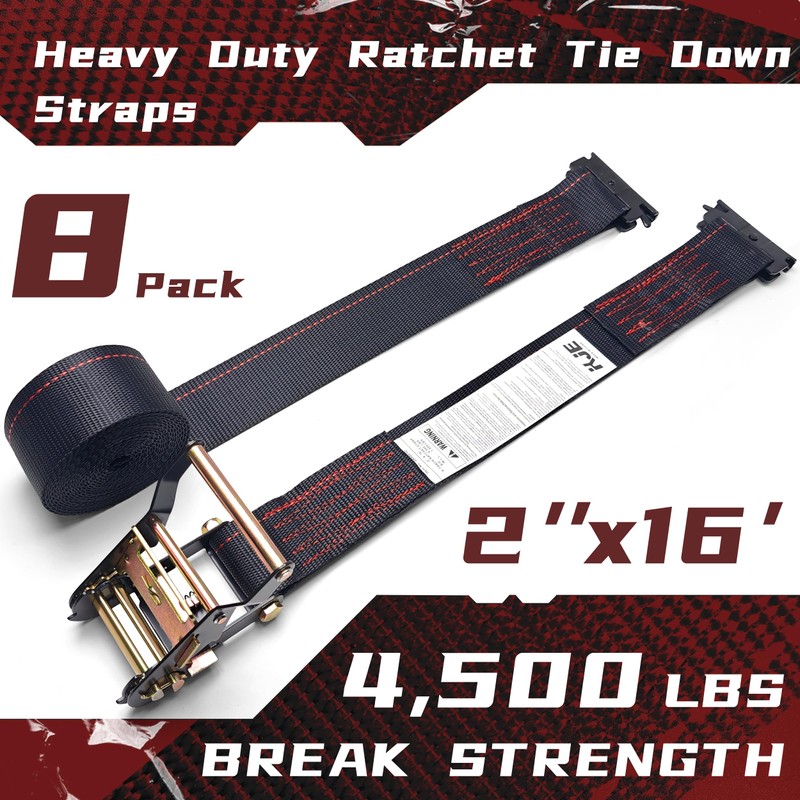 KJE E-Track Ratchet Straps, 8 Pack Black 2" x16' Heavy