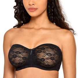 DOBREVA Women's No Padding Strapless Lace Bra Underwire Multiway See-Through Black 40E