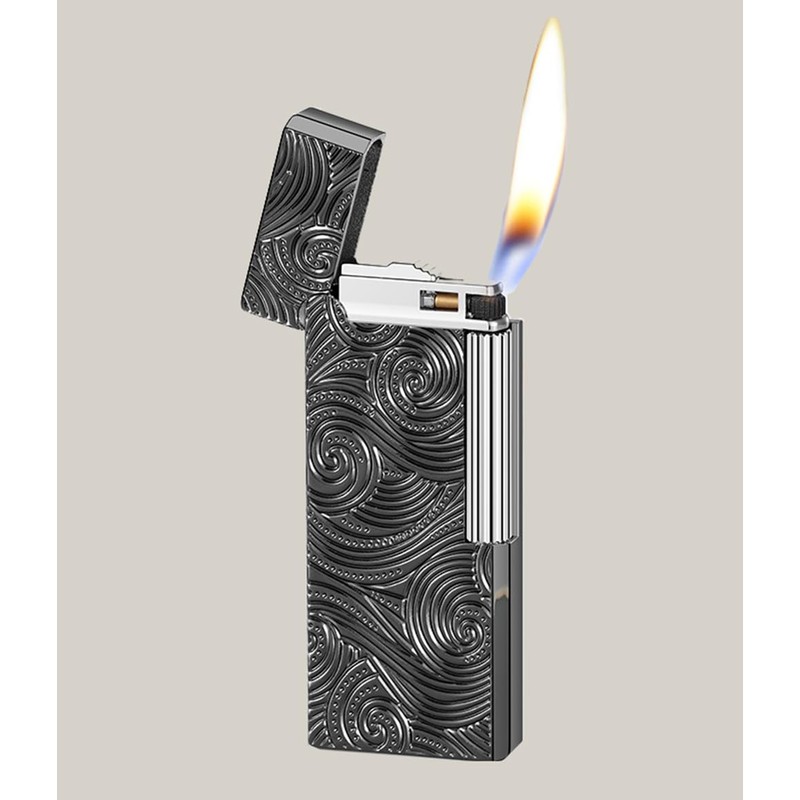 Metal Butane Lighter,Swirl Design, Soft Flame (Black)