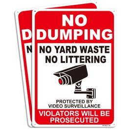 2 Pack Large No Dumping Signs Protected By Video Surveillance Outdoor Sign,14" x 10" Private Property No Dumping No Yard Waste No Littering Yard Metal Signs For House and Business,Reflective and Rust Free Material