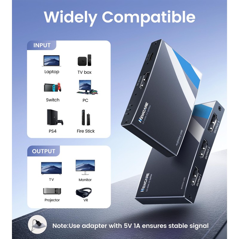 NEWCARE HDMI Splitter 1 in 3 Out, 4K@60Hz HDMI 2.0