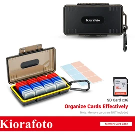 Kiorafoto Funda 36 Ranuras Tarjetas Memoria,36 Soportes Plástico Transparente Individual & Mosquetón & Etiquetas, Soporte de Almacenamiento Para 36 Tarjetas SD SDXC SDHC,Resistente Agua Y Antigolpes