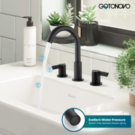 gotonovo 8 Inch Widespread Bathroom Faucet 3 Hole Bathroom Sink Faucet Deck Mount 2 Handles Lavatory Basin with Pop Up Drain with Hot and Cold Mixer Valves Low-Arch 360° Rotation Spout Matte Black