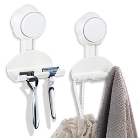 Ptwola - Juego de 2 soportes para maquinilla de afeitar para ducha, ganchos de ventosa, para colgar en la ducha, ganchos de pared, reutilizables, para baño, cocina, escobilla de goma y ventana, fácil