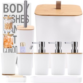 XLHOMO White Bathroom Accessories, Bathroom Accessories Set with Trash Can, Soap Dispenser, Toothbrush Holder, Toothbrush Cup, Soap Dish, Toilet Brush, Tray and Q-tip Holders for Housewarming