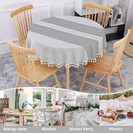 SUCHDECO Linen Tablecloth Round 120 cm Washable Cotton Tablecloth Wrinkle-Free Dustproof with Tassels Striped Embroidery for Kitchen, Dining Table, Coffee Table, Garden Table, Grey