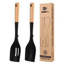 Pack of 2 Large Silicone Cooking Spoons, Heat Resistant Non Stick Kitchen Utensils with Wooden Handle, Ideal for Mixing, Stirring, Serving, Cooking(BLACK)