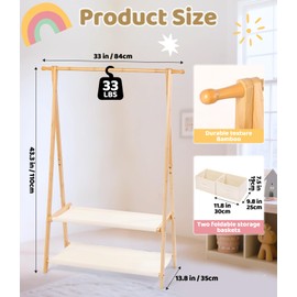 Relquorax Kids Clothing Rack for Hanging Clothes, Small Toddler Clothes Racks Bamboo Wooden Garment Dress Up Storage Costume Rack with 2 Shelves and 2 Storage Baskets, for Laundry Drying (Natural)