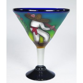 Eye4Art Mexican Margarita Martini glasses and matching shot glasses, Hand Painted Pancho with Blue Agave Cactus (2 glasses 2 shot glasses)