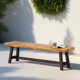 Merax Outdoor Acacia Wood Patio Bench, Garden Benches for Porch Park Yard Backyard Lawn, Brown+Black