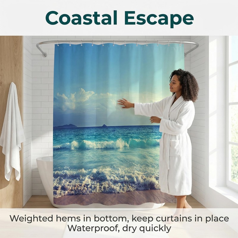 goodbath Long Shower Curtain 200cm drop,Ocean Beach Seaside Sunset Waterproof
