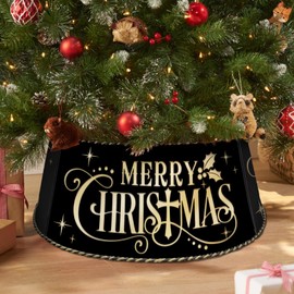 Auirre Metal Christmas Tree Collar, Mini Black Gold Tree Ring Decor 23 Inch Diameter for Small Xmas Tree 3-6 Ft, Winter Golden Miniature Artificial Tree Skirt Tiny Home Indoor Outdoor Decoration