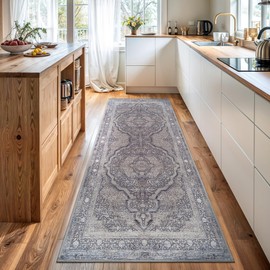 Bloom Rugs Washable Non-Slip 10 ft Runner - Blue/Steel Gray/Beige Traditional Medallion Runner for Entryway, Hallway, Bathroom, and Kitchen - Exact Size: 2.5' x 10'