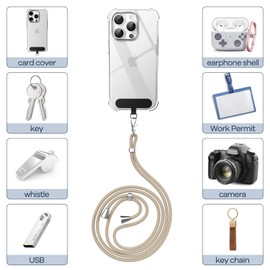 caslord Phone Lanyard 2 PCS, 1.6m Adjustable Universal Phone Strap Crossbody with 4 Reusable Patches, Neck Strap Compatible with Most Smartphones and Cases - Black and Camel