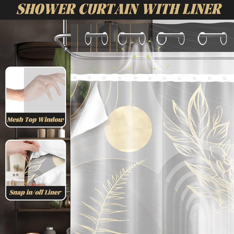 DLTAY Black and Gold Hookless Shower Curtain with Snap in